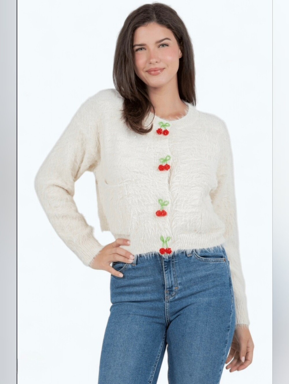 BNWT debut Fuzzy Chenille Cherry Button Cardigan Cream White S/M